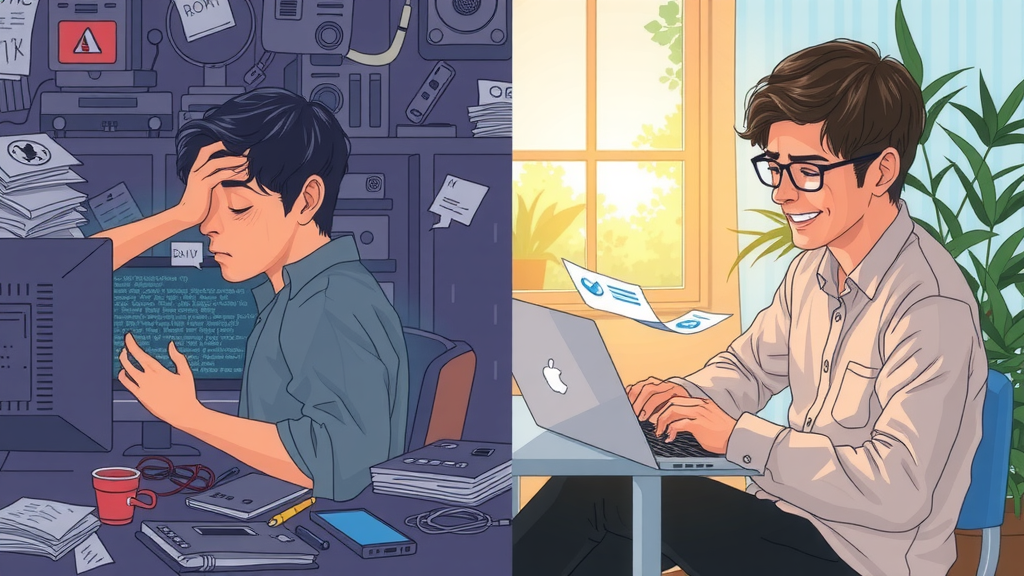 A split-screen illustration capturing the essence of automating Telegram through make.com. Left side: a frustrated user in a cluttered workspace surrounded by gadgets and crumpled notes, staring at a densely packed computer screen displaying complex coding, with gloomy gray and blue tones reflecting their stress. Right side: the same person, now relaxed and smiling while effortlessly setting up Telegram bots on a sleek laptop in a sunlit room filled with greenery, warm golden light illuminating their face, with gentle notifications popping up on the screen in a harmonious background. The division between chaos and tranquility is visually marked by a sharp contrast in lighting and color schemes.