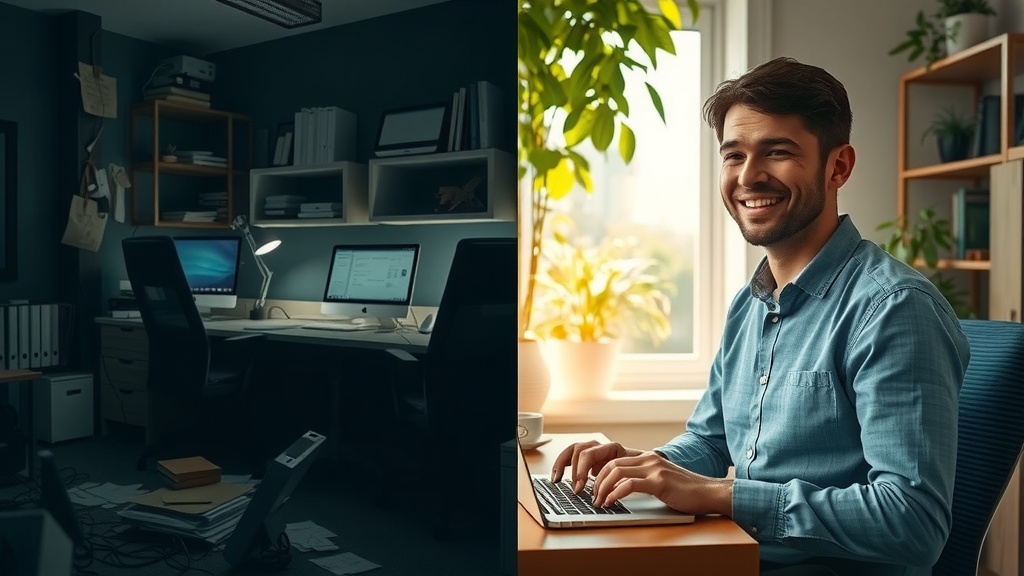 vertical split-screen image strong visual contrast left side a stressed young professional in a small cluttered dark office overwhelmed with outdated computers tangled cables and scattered papers harsh dim side lighting casting shadows showing feelings of anxiety fear and exhaustion muted dirty gray blue and black colors conveying pressure and chaos right side the same person relaxed confident smiling in a bright warm sunlit modern workspace surrounded by greenery clean desks with organized laptops displaying secure automation dashboards vibrant green gold and pastel tones natural soft diffuse light creating a peaceful and safe atmosphere clear visual separation with a sharp contrast of light and dark representing before and after transformation no text symbols or numbers realistic detailed facial expressions posture environment rich storytelling calm versus stress