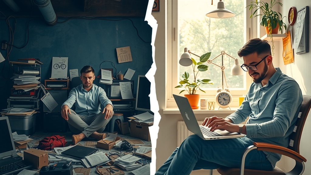 highly detailed vertical split-screen image illustrating deep personal transformation before and after creating an automation portfolio from scratch left side depicts a young professional overwhelmed and desperate in a cluttered dimly lit room strewn with disorganized papers outdated tech devices and tangled cables face shows frustration tiredness and anxiety sharp cold bluish-gray tones cast harsh shadows from above conveying emotional weight and chaos right side features the same individual calm and inspired in a bright cozy space filled with warm natural sunlight soft pastel colors golden hues and greenery around them working confidently on a sleek laptop showcasing well-organized automation case studies relaxed posture with a gentle smile surrounded by tokens of career success and creative flow clear visual divide between sides marked by a crack of contrasting light and shadow no text or symbols present realistic detailed facial expressions and environment highlighting journey from despair to professional fulfillment