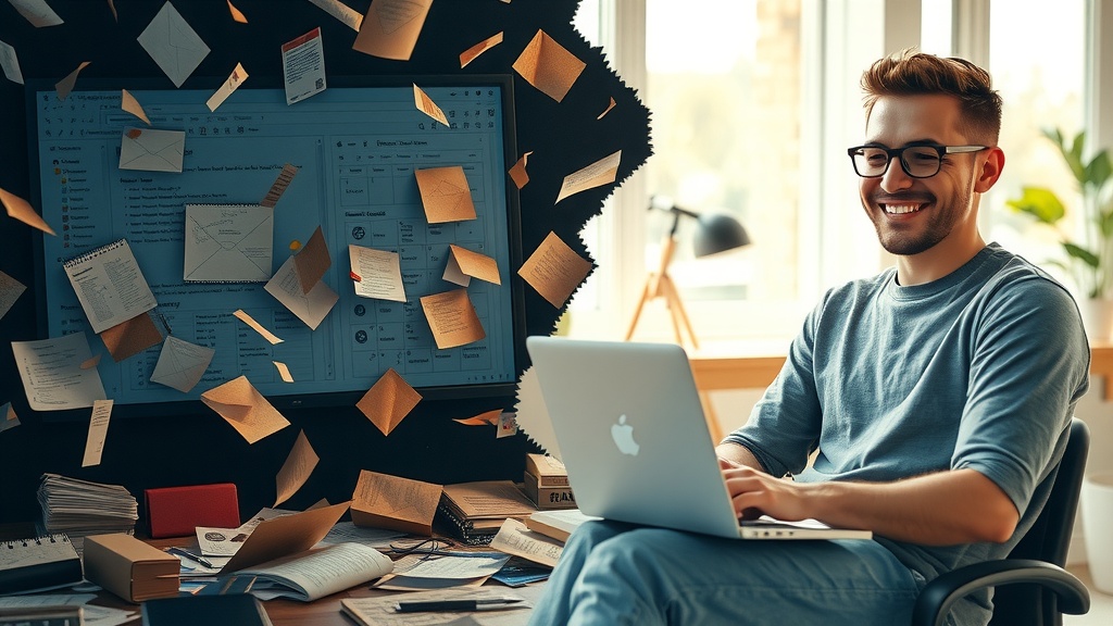 highly detailed vertical split-screen image showing deep internal transformation left side depicts a stressed young professional overwhelmed by chaotic Google Workspace interface glitches messy desk cluttered with papers open but disorganized Gmail inbox tangled calendar notifications scattered files on Google Drive low saturation dirty gray brown and dark blue colors harsh side lighting facial expression shows despair frustration and exhaustion messy hair slouched posture surrounded by chaotic digital elements and solitude right side features the same person relaxed confident and joyful sitting in bright airy modern home office warm natural sunlight illuminates face soft pastel golden and green hues open laptop with a clean organized Google Workspace dashboard Gmail calendar and Drive icons smoothly integrated calm and orderly environment person smiling upright posture possibly sharing screen with happy colleagues or family overall strong vertical visual contrast with sharp boundary dividing chaos and harmony symbolizing deep workflow automation and personal relief no text symbols or numbers
