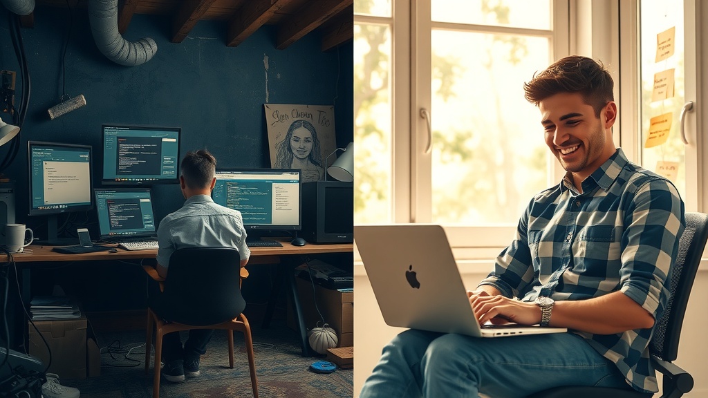 vertically split image left side shows a young IT professional overwhelmed by imposter syndrome sitting in a dimly lit cluttered home office with messy cables and multiple screens showing error messages and doubt filled thoughts face expressing anxiety frustration and self-doubt colors are muted dirty grays browns blues and blacks lighting is harsh and cold casting deep shadows emphasizing stress and isolation right side shows the same young professional in a bright airy room filled with warm golden sunlight surrounded by nature through large windows smiling confidently relaxed and inspired working on a sleek laptop with an open portfolio and inspirational notes on the wall natural soft diffused light warm pastel colors greens and golds the atmosphere conveys calm hope and renewed self-belief a clear vertical divide between the two worlds the left side heavy with darkness and chaos the right side light orderly and uplifting the person in the same seated position but transformed in expression and environment no text symbols or numbers only visual storytelling of internal transformation from despair to empowerment within the IT field