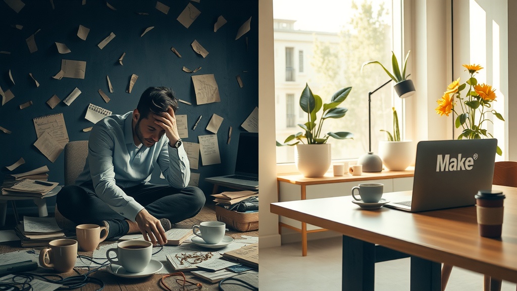 vertical split-screen image showing deep internal transformation left side depicts a stressed humanities student overwhelmed by chaotic handwritten notes scattered across a cluttered desk dim cold lighting with dirty gray blue and brown tones harsh shadows casting a somber mood expressions of frustration exhaustion and anxiety his posture slumped with hands on head surrounded by scattered coffee cups and tangled cables right side shows the same person relaxed joyful and inspired working efficiently on a sleek laptop with Make.com interface open warm natural sunlight streaming through a tidy minimalistic room with green plants and soft golden pastel colors expression serene focused and confident posture upright and comfortable with a cup of tea beside him clear organized workspace symbolizing calm and productivity strong visual dividing line contrast between harsh shadows and soft bright light no text or symbols