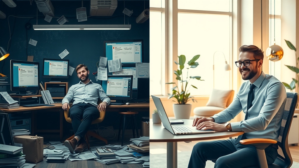 a powerful vertical split-screen image illustrating profound internal transformation of a corporate employee before and after automating employee onboarding left side depicts a stressed, overwhelmed new hire in a dimly lit cluttered office with messy desk full of paper forms, scattered manuals, outdated computer screens showing error messages and incoming emails with low saturated dirty gray and blue tones harsh side lighting casting sharp shadows conveying anxiety, confusion, and fatigue the person slouches with furrowed brows and tense posture surrounded by chaotic technical overload and isolation right side shows the same employee relaxed, confident, and smiling in a bright, warm, sunny modern workspace with pastel and golden hues natural soft diffuse light filling the room clean organized desk with a sleek laptop displaying an efficient onboarding software dashboard, green checkmarks and progress bars visible the character sits upright, open and calm, working efficiently or engaged happily in a team meeting or virtual call with friendly colleagues symbolizing collaboration and support gentle plants and soft textures create a cozy atmosphere the vertical split visually divides the two worlds by a contrasting break in lighting and color from cold, dark, cluttered and stressful left to warm, light, ordered and harmonious right no text or symbols included focusing on emotions, lighting, colors, facial expressions and environment to depict transformation from onboarding chaos and inefficiency to seamless, joyful and effective adaptation through automation