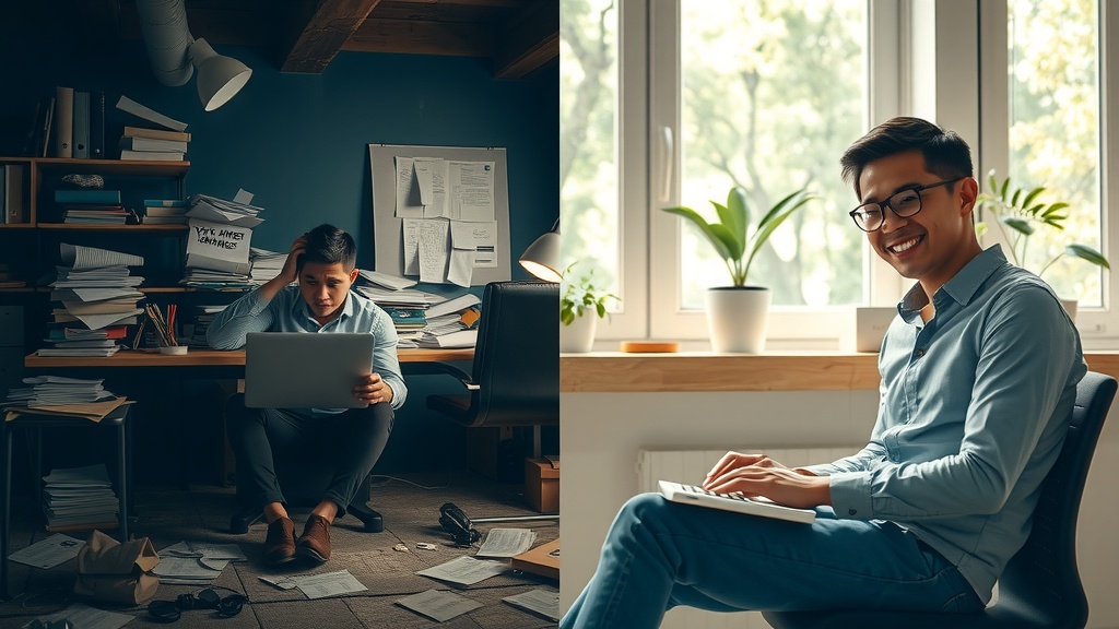 A vertical split-screen image depicting a dramatic before-and-after transformation of a young professional struggling with manual form submissions on the left side and achieving automation success on the right side Left half shows the same person overwhelmed and frustrated in a cluttered dimly lit office with scattered papers labeled Yandex Forms and a flickering laptop screen displaying error messages harsh side lighting emphasizes exhaustion and chaos muted grays browns and blues dominate conveying stress and burnout Right half features the individual relaxed and confident illuminated by warm natural light smiling while interacting with a clean and modern workspace including a bright laptop screen displaying make.com dashboard integrated with Yandex Forms organized digital data flows and greenery visible through a window soft pastel greens golds and warm tones evoke ease and productivity the vertical divide between halves is a sharp contrasting light and color boundary the person remains seated in the same posture but with visibly changed facial expression and body language from despair to inspiration no text symbols or numbers present cinematic level of detail and photorealistic style