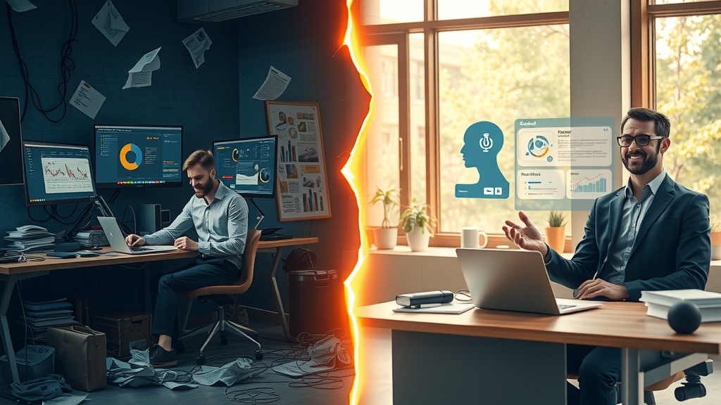 Vertical split-screen image with a man in his early 40s representing a business owner the left side shows him overwhelmed and frustrated surrounded by piles of paperwork tangled cables and multiple screens with complex charts and error messages the room is dark with cold bluish gray tones harsh shadows and a cluttered chaotic environment emphasizing stress and burnout his face is tense eyes tired posture slouched the right side shows the same man relaxed and confident in a bright airy modern office bathed in warm golden light wearing smart casual clothes smiling gently as he delegates tasks to a sleek AI holographic assistant floating above a desk with organized digital interfaces and notifications the background features subtle greenery through a large window soft natural light filters in creating an atmosphere of calm and productivity the dividing line is a sharp glowing vertical crack representing transformation and separation between stress and ease no text symbols or numbers realistic detailed face expressions and natural poses no text in the image