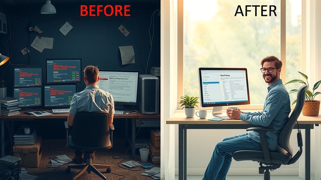 Vertical split-screen image depicting before and after scenario focused on avoiding error 429 when working with Make.com API Left side shows a stressed developer in a dim cluttered workspace with multiple monitors showing error messages and overloaded requests harsh side lighting cold muted greys brown and blue tones expressing frustration anxiety and burnout The developer clutches their head with tense posture surrounded by chaotic cables papers and blinking red warning lights Right side shows the same developer now calm and confident in a bright airy office with soft natural lighting warm golden green pastel colors The developer sits relaxed smiling at a single monitor displaying an optimized Make.com dashboard with smooth automation flow gentle coffee cup in hand and a peaceful plant on the desk The background is tidy and harmonious symbolizing control freedom and inspiration A clear vertical visual divide between the dark chaotic left and warm serene right illustrating the internal transformation no text no symbols no numbers realistic highly detailed expressive emotions and environment