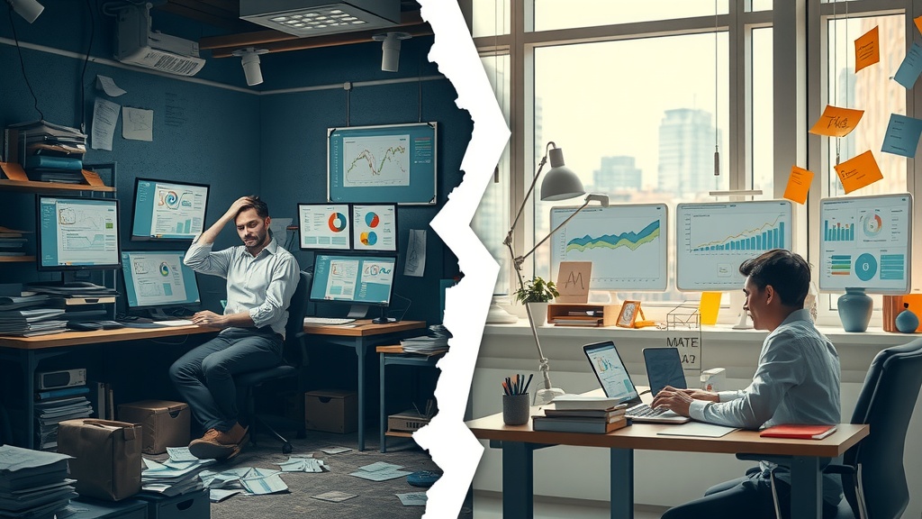 vertical split-screen image one side shows a stressed business analyst overwhelmed in a dimly lit cluttered office with multiple outdated dashboards on messy monitors papers stacked high and scattered sticky notes the room bathed in cold muted greys blues and browns harsh side lighting casting strong shadows emphasizing fatigue and anxiety the figure slouched with furrowed brows rubbing temples the other side depicts the same person now energized and confident in a bright modern workspace filled with natural sunlight soft warm tones of gold green and pastel colors tidy desk with a sleek laptop and tablet displaying colorful interactive live dashboards from Power BI and Google Data Studio the atmosphere calm joyful and inspiring the character smiles relaxed interacting smoothly with the data screens the two halves separated by a clear sharp contrasting color division like a crack symbolizing transformation no text no symbols no numbers realistic detailed expressive emotions vivid visual storytelling