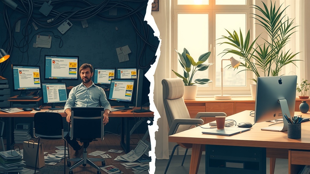 Highly detailed vertical split-screen illustration conveying deep personal transformation Left side depicts a stressed business professional overwhelmed by chaotic workspace dimly lit with harsh side light showing cluttered desk covered with scattered papers multiple monitors glowing with confusing, overwhelming automation flowcharts and error messages muted grays browns and blues dominate facial expression tired frustrated drained slumped posture conveying anxiety and burnout crowded background of tangled cables and stacked devices Right side shows same individual now calm confident and inspired in bright natural sunlight surrounded by organized minimalist home office with lush green plants warm golden pastel colors illuminate relaxed smiling face with bright eyes sitting upright at neat desk interacting smoothly with simple, intuitive automation templates on a sleek computer screen natural wooden textures and soft diffused light create serene atmosphere clear boundary between two worlds marked by a visible crack with stark contrast between shadow and light no text no symbols no numbers
