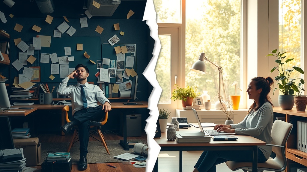 Highly detailed vertical split-screen image representing deep transformation Left side before scene stressed business owner overwhelmed with multiple assistant tasks sitting in a cluttered dim office filled with papers sticky notes ringing phone and laptop with chaotic notifications cold desaturated tones of gray brown blue and black harsh side lighting expression of despair exhaustion frustration isolation Right side after scene same person relaxed and joyful in a bright warm sunlit modern office surrounded by nature plants and family warm golden green pastel tones soft diffuse natural light expression of peace freedom happiness doing favorite work with ordered desk and clean digital automation interface clear visual crack boundary between two sides no text or symbols realistic expressive facial details and body language showing contrast between chaos and harmony