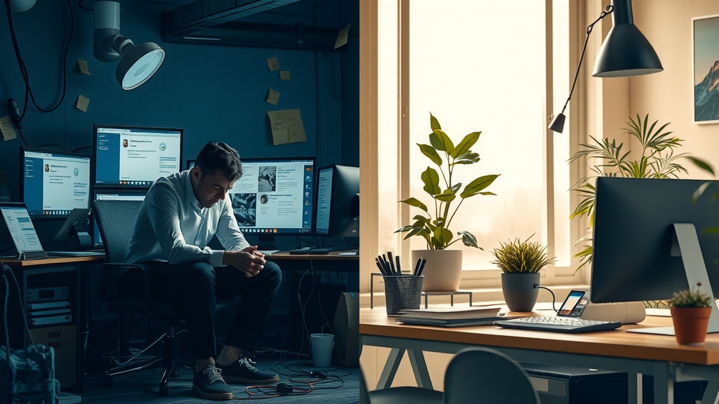 A vertical split-screen image with a clear dividing line One side shows a stressed customer service representative in a dimly lit cluttered office surrounded by multiple screens with overwhelming notifications cold gray blue and black tones harsh side lighting conveying exhaustion burnout and frustration The person hunched over with a tired expression tangled cords and sticky notes emphasize chaos and isolation On the opposite side the same individual now calm and smiling in a warm sunlit modern workspace natural soft golden light fills the room with greenery and personal mementos around The person relaxed engaging warmly with a happy client via video call on a sleek computer screen demonstrating balanced automation tools enhancing human connection The atmosphere radiates tranquility efficiency and satisfaction with pastel and green hues underlining harmony and renewed energy No text symbols or numbers included