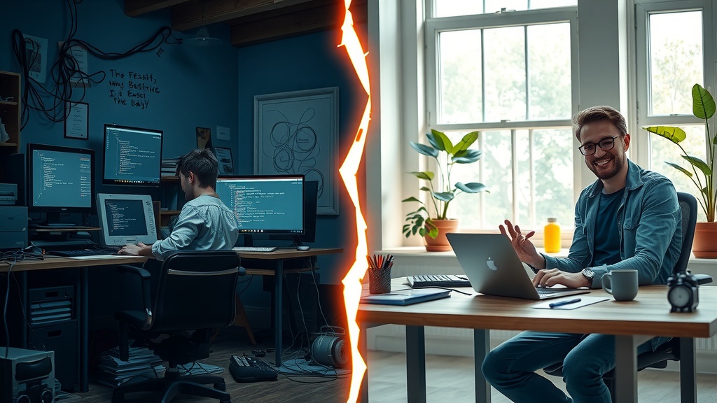 vertical split-screen image dramatic transformation left side dimly lit home office with cluttered desk overwhelmed programmer in early 30s with messy hair and tired eyes frustrated and stressed surrounded by tangled wires old computers and scattered notes screens showing complex API code dark blue and gray tones harsh side lighting casting deep shadows right side same programmer calm and confident in bright modern workspace natural sunlight pouring through large windows relaxed smile neat desk with laptop displaying Make.com data store interface vibrant green and gold accents indoor plants and peaceful surroundings both sides sharply divided by glowing vertical crack symbolizing transformation no text no symbols realistic detailed facial expressions body language conveying despair and relief chaotic versus organized environment