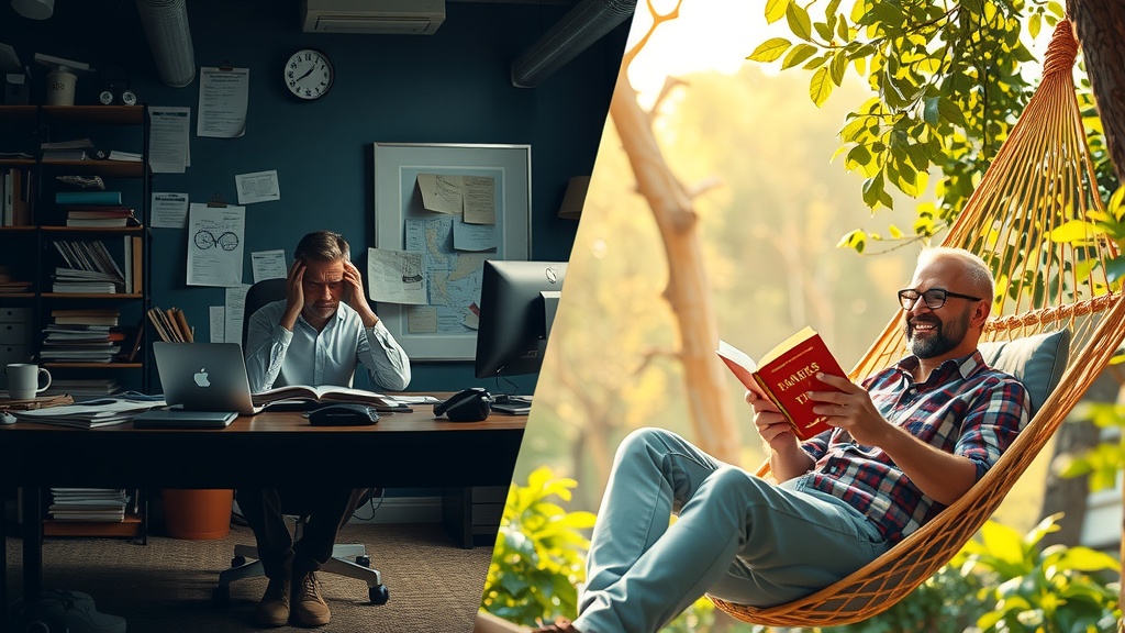 highly detailed split screen vertical image left side shows a stressed entrepreneur in a cluttered dimly lit office sitting exhausted at a desk full of paperwork old coffee stains and ringing phones with harsh side lighting casting deep shadows the scene dominated by dull grey brown and blue tones the person's face shows frustration anxiety and burnout right side shows the same entrepreneur relaxed and happy outdoors in warm golden sunlight sitting comfortably in a hammock surrounded by lush greenery and nature dressed casually with a peaceful smile while reading a book natural soft light illuminates the scene with pastel greens and warm golds a clear visible boundary divides the two contrasting worlds the left heavy and chaotic filled with digital and physical overload the right calm orderly and inspiring embodying freedom energy and ease no text or symbols present the character remains identical in posture and positioning only facial expression and environment changes conveying a powerful transformation from overwhelmed busyness to effortless success