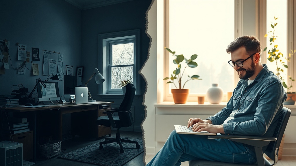 Vertically split image showing deep inner transformation of an introverted person building a personal brand with automation Left side depicts a quiet introverted individual in dimly lit cluttered home office overwhelmed by communication barriers and anxiety messy desk with sticky notes tangled cables and multiple devices showing chaotic social media notifications cold gray and muted blue tones harsh side lighting creating shadows portraying stress exhaustion and isolation Right side shows the same person now calm confident and relaxed in a bright airy space surrounded by cozy minimalistic decor with natural plants and soft warm sunlight streaming through large windows engaged in peaceful creative work using streamlined automation tools on a clean laptop screen smiling gently exuding serenity freedom and empowerment the contrast separated by a clear sharp vertical division representing the barrier between struggle and breakthrough no text symbols or numbers realistic facial expressions subtle body language expressing transformation from tension to ease harmonious color palette vivid warm gold green pastel hues on right side detailed environmental storytelling capturing personal growth and quiet digital mastery