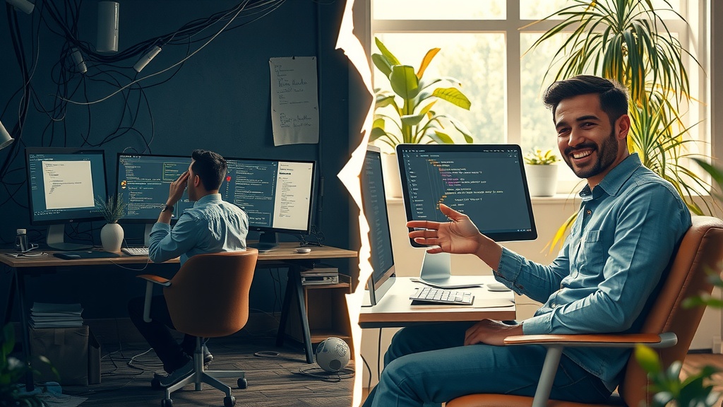 vertical split screen powerful transformation one side left depicting before a frustrated man sitting in a cluttered dark workspace filled with tangled wires multiple screens showing error messages and chaotic notifications cold gray blue and brown tones dim harsh side lighting his face shows exhaustion anger and anxiety body tense slumped posture over messy desk papers scattered right side showing same man relaxed and confident in bright airy room surrounded by greenery natural sunlight warm golden pastel colors soft diffuse lighting smiling peacefully he gestures towards a computer screen displaying Make.com API workflow automation interface with streamlined code and connected AI agents environment neat organized plants and cozy furniture clear visible dividing line like a crack of light separating the two halves no text no symbols highly detailed expressions and surroundings emphasizing emotional and environmental contrast