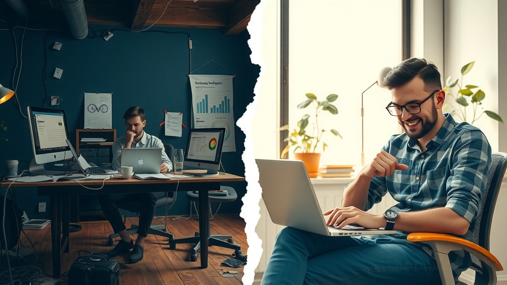 vertical split screen powerful visual contrast left side depicting a stressed young digital marketer overwhelmed by chaotic workspace with tangled wires messy desk covered in crumpled papers and multiple devices showing error messages dim cold lighting with grayish brown and dull blue hues sharp shadows emphasizing anxiety frustration and burnout facial expression tired irritated slumped posture isolated atmosphere cluttered office right side showing the same person transformed relaxed and joyful sitting in a bright spacious room with natural sunlight warm golden and pastel green tones soft diffused light illuminating their smiling face calm confident posture surrounded by clean organized desk with laptop displaying connected dashboards of Yandex Metrica and Make.com automated traffic reports a cup of tea and plants symbolizing harmony and growth distinct visual boundary splitting darkness and light a clear crack of color and lighting difference person unchanged in pose but visibly uplifted emotion and environment detailed facial features showing deep relief and inspiration environment rich with live details and serene vibe no text symbols or numbers realistic cinematic style