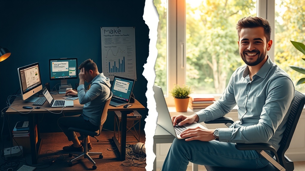 Highly detailed vertical split-screen image contrasting the transformation of a digital marketer overwhelmed by manual tasks and chaotic advertising workflows into a confident professional empowered by automation and streamlined campaigns Left side depicts a stressed young marketer sitting hunched at a cluttered desk covered with tangled cables smartphones showing unorganized ad notifications and campaign failures in dim cold bluish gray and brown tones with harsh side lighting conveying frustration exhaustion and chaos Right side shows the same person relaxed smiling brightly in warm golden natural light wearing neat casual clothes seated in a tidy modern bright home office with large windows overlooking lush green nature the desk clean with a laptop screen displaying Make.com integration with Yandex Direct and VK Ads interfaces organized and running smoothly around are subtle details of a calm and productive environment like plants books and a coffee cup embodying joy freedom and efficiency The dividing line is a sharp visual crack metaphorically separating darkness and order connected by the unchanged posture and face of the individual whose expression and surroundings radically improve from left to right no text symbols or numbers visible in the image emotions include despair and irritation on the left transitioning to inspiration and peace on the right realism cinematic lighting vivid contrast rich visual storytelling