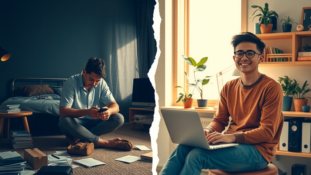 vertical split-screen image showing deep transformation in motivation and productivity left side depicts a young adult overwhelmed by procrastination sitting in a dimly lit cluttered room with scattered papers unmade bed and a smartphone displaying distracting social media notifications the atmosphere filled with dull gray blue and brown tones harsh side light casting strong shadows on a fatigued face with furrowed brows and slumped posture exuding feelings of despair frustration anxiety and burnout right side shows the same young adult in the same position but now vibrant and energized surrounded by an organized bright workspace bathed in warm golden natural light with green plants and motivational tools a laptop screen displaying an automation dashboard and calm digital reminders the character smiles peacefully with relaxed shoulders embodying joy serenity focus and empowerment the visual divide between the two halves is marked by a sharp contrasting seam representing the breakthrough from chaos to order with distinct color contrast from cold dark hues on the left to warm light pastels on the right detailed facial expressions body language and environmental cues highlight the journey from mental blockage to effective personal motivation and productivity system without any text symbols or numbers in the image