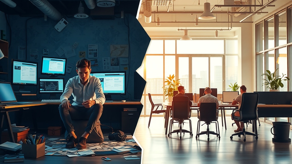 highly detailed vertical split screen image showcasing deep internal transformation a young professional team leader on the left side sitting alone in a dim cluttered office filled with scattered papers multiple screens glowing harsh blue light and visible frustration exhaustion and isolation wearing wrinkled clothes slouched posture surrounded by chaotic technology and urgent notifications conveying stress burnout and overwhelming workload on the right side the same leader appears calm confident and energized sitting upright in a bright spacious modern workspace bathed in warm natural sunlight with organized desks plants and collaborative team members sharing ideas the atmosphere radiates positivity creativity and harmony soft golden and pastel color palette contrasting the left side's dirty grays browns blues and blacks sharp side lighting and shadows the right side features gentle diffused light and warm greens yellows clear visual separation as a strong crack or lightning strike divides the image emphasizing before and after states no text symbols or numbers realistic facial details expressive body language reflecting despair versus hope and empowerment no text or logos in the scene