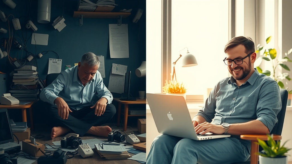 Vertical split-screen high detailed scene extreme contrast left side a stressed middle-aged man in a cluttered dim office tinted with dirty gray blue and brown tones harsh side lighting casting deep shadows he looks overwhelmed angry and exhausted surrounded by tangled phones ringing messy cables papers scattered showing frustration and burnout right side same man relaxed and happy sitting in bright warm sunlit modern workspace pastel greens golds and soft warm colors natural soft diffused sunlight illuminating his serene face he interacts joyfully with a laptop displaying a seamless Mango Office and Make.com integration interface the environment is tidy organized with plants and soft textures symbolizing harmony ease and customer service excellence clear visual divide between left chaotic darkness and right calm light representing transformation no text no symbols no numbers realistic detailed facial expressions body posture reflecting inner change