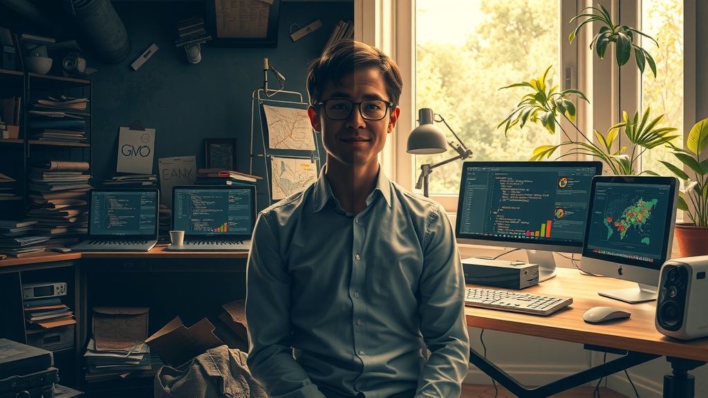vertical split-screen image showing profound transformation left side depicts a frustrated and exhausted data analyst sitting in a dimly lit cluttered office surrounded by old files, messy desk, outdated technology with dusty computer screens displaying complex code and overwhelming spreadsheets colors muted grays browns and dark blues shadows harshly cast from above or side conveying stress anxiety and burnout expression tense with furrowed brow and tired eyes right side reveals the same person now calm and invigorated bathed in warm golden natural light in a bright modern workspace filled with lush plants and sleek digital devices the computer shows advanced AI and automation software analyzing data efficiently colors soft pastels warm greens and golden hues the subject relaxed smiling focused with upright posture enjoying seamless workflow surrounded by cozy organized environment a clear sharp vertical divide splits the chaotic darkness of the left half and the serene illuminated right half emphasizing the liberation from data chaos to digital harmony no text symbols or numbers present highly detailed cinematic style realistic lighting