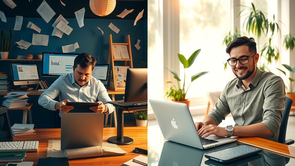 A vertical split-screen image showing a stressed online school administrator on the left side overwhelmed by chaotic paperwork, multiple devices with GetCourse dashboards open, cold dim lighting and cluttered messy office space with expressions of frustration and anxiety the right side shows the same administrator now calm and smiling in a bright sunlit cozy home office with clean minimalist design surrounded by green plants and natural light interacting happily with make.com automation interface on a laptop warm golden and pastel tones clear organization and harmonious environment emphasizing transformation from burnout to ease distinct sharp divide between chaos and order in the middle with contrasting colors and lighting maintaining consistent character posture but showing visible emotional and environmental change