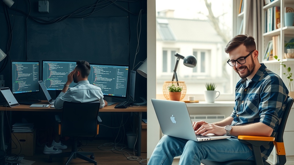 Vertical split-screen image showing a man working with Make.com API folder organization Before side left half depicts the same man stressed and overwhelmed sitting in a dark cluttered office with messy cables multiple monitors displaying confusing code errors dim cold lighting and grayish muted tones expressing frustration anxiety and burnout After side right half same man calm and confident in a bright airy home office surrounded by neat folders on a laptop screen natural sunlight warm pastel colors and comfortable cozy setup with plants and smiling relaxed expression clearly conveying mastery tranquility and efficient automation strong visible vertical dividing line between despair and control no text symbols or numbers realistic detailed facial expressions and environment