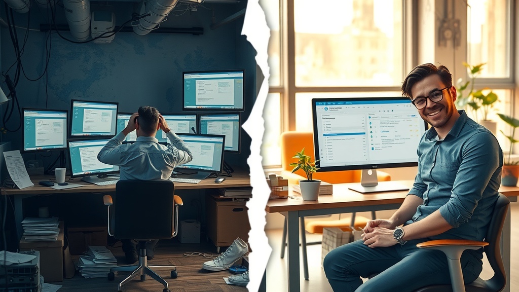 vertical split screen image powerful emotional contrast left side a stressed project manager in a small cluttered office struggling with multiple monitors showing chaotic Yandex Tracker interfaces papers scattered and a tangled web of cables the lighting is harsh dim and cold with gray blue and black tones the man looks frustrated exhausted and overwhelmed his posture slumped and fists clenched surrounded by disorder and silence right side the same project manager now calm relaxed and smiling brightly in a spacious modern workspace bathed in warm golden natural light wearing casual smart clothes confidently interacting with a sleek computer screen displaying Make.com automation dashboard seamless integration visuals the environment is orderly with green plants pastel tones and soft light rays a small team collaborates happily in the background the boundary between sides is a sharp visual crack dividing darkness and light showing transformation from burnout to energized efficient workflow no text no symbols no numbers