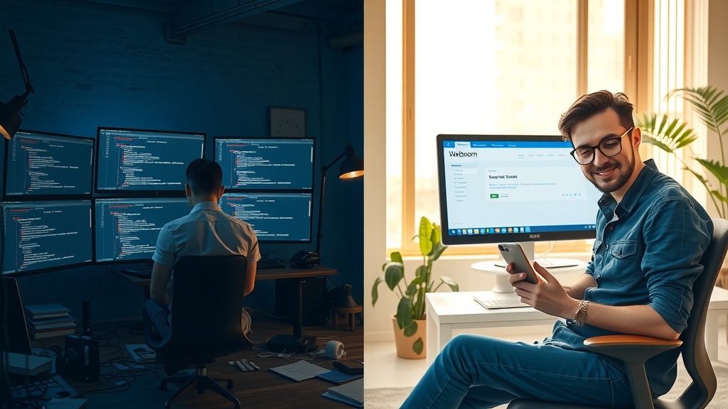 A vertical split-screen image showing on the left side a frustrated developer in a dimly lit, cluttered workspace with multiple monitors displaying complex code errors and slow-loading API request windows in muted blue and gray tones conveying stress and confusion harsh side lighting casting strong shadows chaos of scattered notes and cold tech devices visible the person hunches over keyboard with tired expression On the right side the same developer visibly relaxed and confident in a bright, airy room flooded with natural golden light surrounded by minimalist decor a large monitor shows a clear, successful Make.com webhook setup API interface the person smiles softly while holding a smartphone with a confirmation notification lush green plants and warm pastel colors fill the space symbolizing calm and achievement a distinct vertical divide of light and color separates the two contrasting scenes the character remains in the same seated position but transformed emotionally and environmentally no text no symbols no numbers