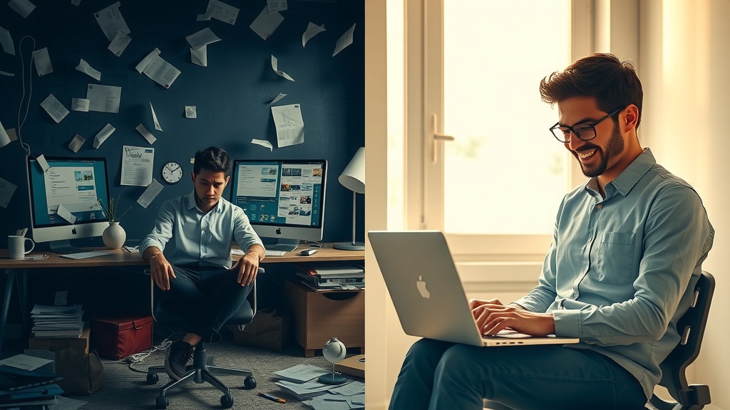 vertical split-screen hyper-realistic image left side shows a overwhelmed young entrepreneur in a dimly lit cluttered home office with dirty gray blue and black tones sharp side lighting highlighting fatigue frustration and burnout surrounded by chaotic papers multiple screens showing tangled workflows and notifications with a stressed expression right side depicts the same entrepreneur now calm confident and energized in a bright warm sunlit minimalist workspace with golden green pastel hues soft diffused lighting gentle smile relaxed posture interacting with a sleek laptop displaying an elegant Airtable CRM dashboard seamlessly integrated with Make.com automation surrounded by organized notes a plant and nature visible through an open window clear visual dividing line runs vertically separating the two contrasting worlds no text symbols or numbers focus on deep emotional transformation from chaos to harmony