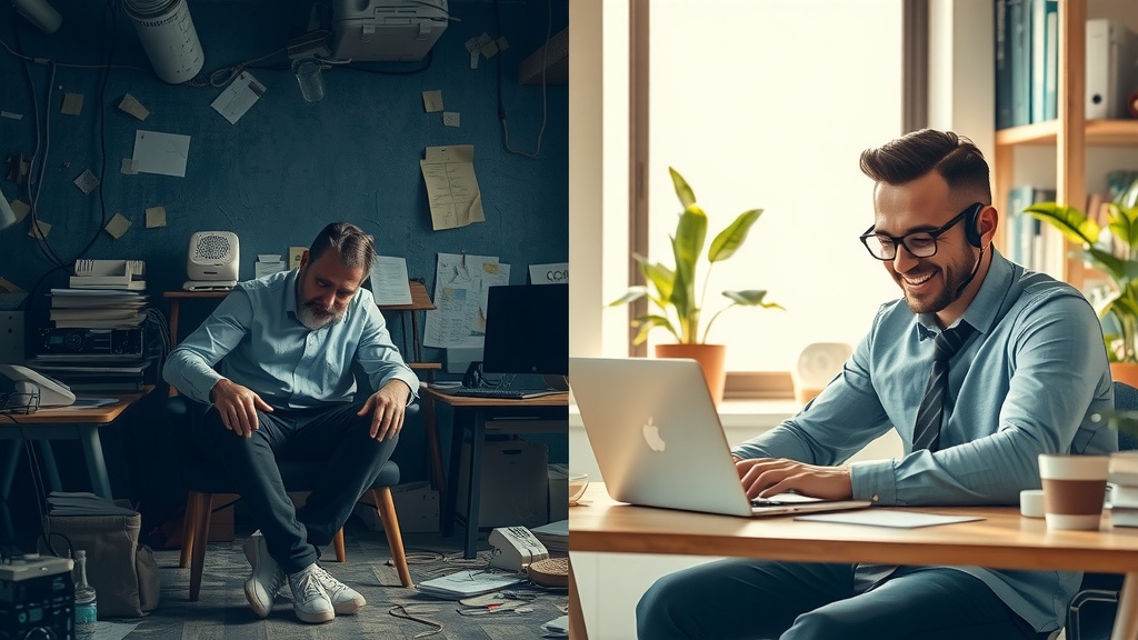Highly detailed vertical split-screen image half left shows a stressed overwhelmed sales manager in a cluttered dim office with dirty gray and blue tones harsh side light the man sits slouched frustrated surrounded by multiple ringing phones tangled wires and scattered papers his face shows exhaustion anxiety and irritation chaotic environment with outdated tech and scattered sticky notes half right shows the same manager transformed relaxed and joyful in a bright airy modern workspace bathed in warm golden and pastel greens natural soft diffuse sunlight he smiles confidently with upright posture speaking on a sleek headset the clean desk features a laptop displaying a modern CRM interface with VoIP integration automated call logs and task reminders lush plants and calming home office background evoke peace and productivity a sharp vertical contrast between shadowed chaos and serene order divides the two worlds no text or symbols realistic facial expressions and vivid environment details
