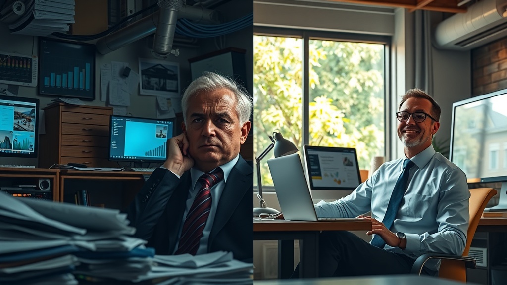 highly detailed vertical split-screen image showcasing deep internal transformation of a business professional struggling with commercial real estate leasing automation on the left side and thriving with effective tools on the right side left side depicts a stressed middle-aged man in a dimly lit cluttered office filled with heaps of paperwork computer screens flashing chaotic data alerts and real estate listings he displays expressions of frustration exhaustion and anxiety wearing disheveled business clothes with dull low saturation dirty gray brown and blue tones harsh shadows casting from above and side right side shows the same man now calm relaxed and confident sitting in a bright sunlit modern workspace surrounded by organized digital screens showing intuitive automated property search dashboards and peaceful home elements natural greenery visible through large windows warm golden pastel colors soft diffused natural light illuminating his smiling face and open posture embodying freedom joy and creativity a sharp visible vertical boundary divides the gloomy oppressive environment from the vibrant serene one emphasizing contrast between overwhelm and efficient empowerment no text symbols or numbers in image realistic facial detail and posture consistency both sides
