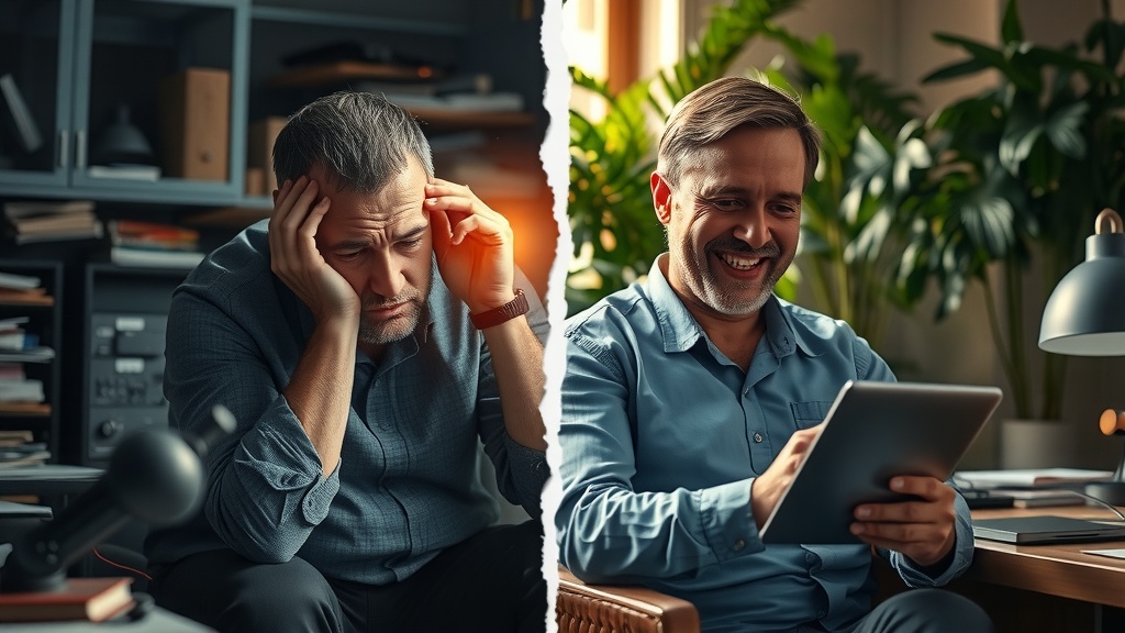 Highly detailed vertical split-screen image showcasing deep internal transformation of a business owner through AI-powered psychological support Left side shows a stressed middle-aged man with furrowed brow and tired eyes sitting in a cluttered dark office filled with outdated technology papers and dim cold lighting in muted gray brown and blue tones embodying despair helplessness and frustration his posture slumped hands clutching his head atmospheric chaos and digital overload Right side depicts the same man transformed calm and confident bathed in soft golden natural sunlight surrounded by lush greenery in a tidy bright workspace his face relaxed smiling eyes shining as he interacts joyfully with a tablet showing intuitive Make.com dashboard while a subtle holographic visualization of ChatGPT analyzes positive client emotional feedback warm pastel colors and light create feelings of liberation energy and inspiration the vertical boundary between the two worlds marked by a sharp contrast of shadow and light distinct color separation visual crack symbolizing breakthrough transitioning from darkness to light no text no symbols realistic high resolution cinematic lighting emotional depth clear facial expressions and detailed environment