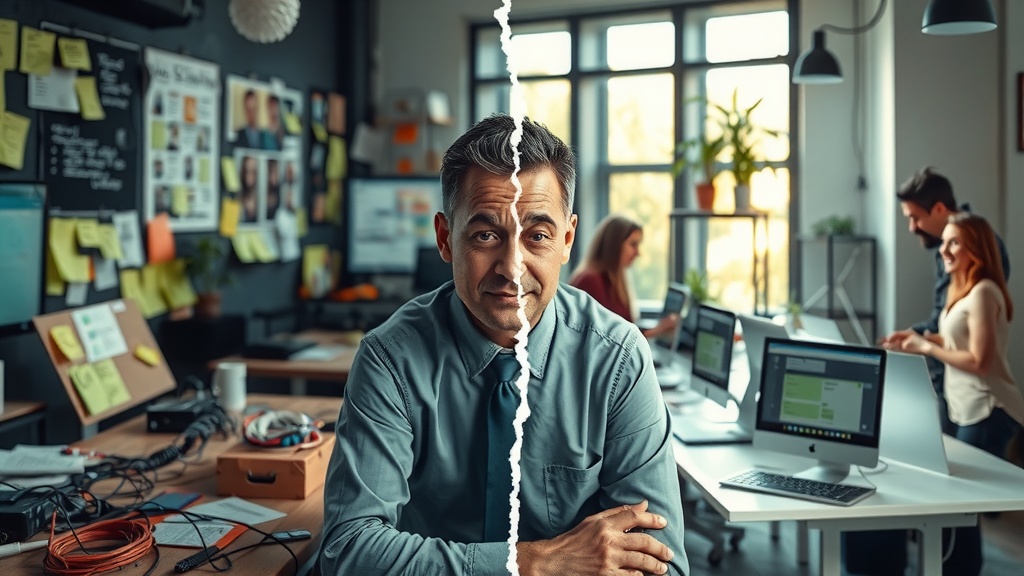 Highly detailed vertical split-screen image depicting a deep internal transformation of a team leader struggling with chaos versus smooth efficient workflow Left side shows a stressed overwhelmed team leader sitting at a cluttered desk filled with tangled cables chaotic sticky notes confusing flowcharts multiple devices showing error messages faces of frustrated team members blurred in background dim cold lighting dirty gray brown and blue tones harsh side lighting casting strong shadows the leader with furrowed brows tired eyes slumped shoulders embodying anxiety burnout and disorganization Right side shows the same team leader relaxed confident and smiling in a bright warm sunlit modern office with minimal decor organized desk with neatly labeled folders clean screens displaying clear automated workflows happy engaged team members collaborating in the background natural diffused light warm golden green and pastel colors conveying tranquility clarity and productivity a distinct vertical crack of light visually separates the two sides emphasizing the stark contrast but the leader remains centered unchanged in posture only facial expression and environment transformed no text symbols or numbers included