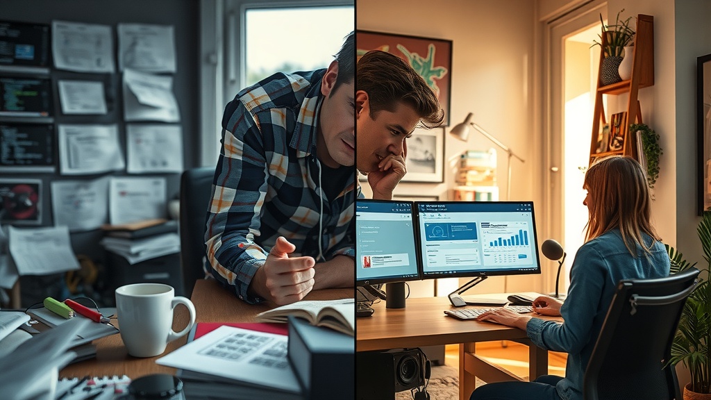 Highly detailed vertical split screen image showing deep internal transformation Left side a stressed software developer overwhelmed with multiple screens displaying chaotic code errors and messy API documentation papers scattered around in a dark room with dull muted grey blue and brown tones harsh side lighting emphasizing fatigue and frustration facial expression shows anxiety and burnout posture slumped in isolation cluttered workspace with tangled cables and coffee cups Right side the same developer now calm and inspired surrounded by natural light in a bright cozy modern home office with warm golden and pastel green hues soft diffused sunlight illuminating a clean dashboard interface on a large monitor displaying Make.com automations running smoothly papers neatly organized smiling relaxed expression relaxed upright posture accompanied by a pet and indoor plants a clear visual split line separates the two worlds emphasizing the stark contrast between stress and flow no text or symbols in the image