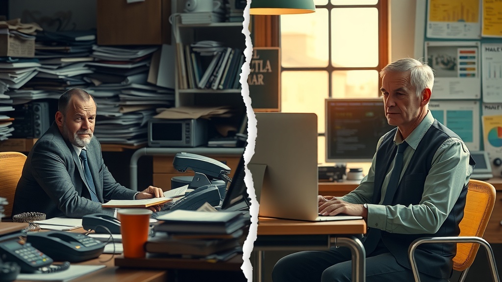 A vertical split-screen highly detailed image showing a pawnshop manager before and after automation transformation Left side the manager looks stressed tired and overwhelmed sitting at a cluttered desk piled with paperwork old phones and disorganized collateral items dim harsh side lighting casting deep shadows colors are dull dirty grays browns blues and blacks the atmosphere is chaotic and filled with anxiety Right side the same manager now calm confident and inspired sitting in a bright modern workspace bathed in soft natural sunlight surrounded by organized collateral neatly labelled digital devices showing smooth client communication and automation dashboards warm golden and pastel greens dominate the color palette the environment feels orderly peaceful and efficient The division between the two halves is marked by a sharp light and color contrast a visible crack line symbolizing transformation The character maintains the same posture but facial expression and body language reflect a shift from frustration to empowerment no text symbols or numbers in the image emotions are vividly conveyed through detailed facial features and surroundings