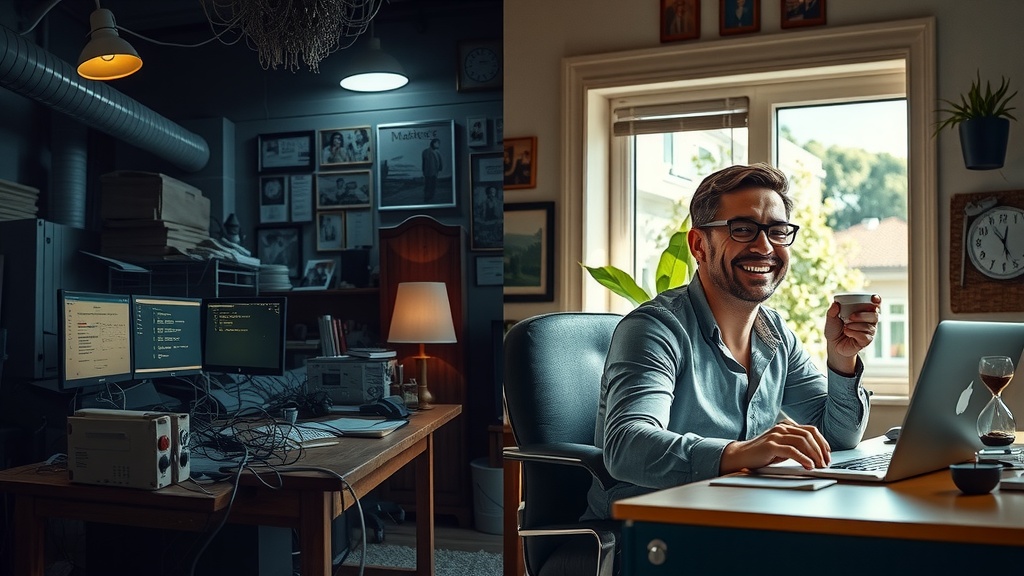 Highly detailed vertical split-screen image portraying deep internal transformation Left side shows a stressed man overwhelmed by chaos and pressure sitting at a cluttered desk with multiple screens flashing notifications tangled cords scattered papers cold coffee and a dark room filled with shadows and muted dirty gray brown blue and black tones his face shows despair frustration exhaustion and pain harsh dim light from above casting sharp shadows Right side depicts the same man relaxed and joyful basking in warm natural sunlight in a peaceful organized home office with plants soft pastel green golden and warm tones he is smiling inspired engaged in automating tasks on his laptop featuring make.com interface surrounded by symbols of time management like an hourglass and a notebook and in the background a window reveals a serene garden with family presence The two halves separated by a distinct sharp vertical boundary with contrasting lighting and color palettes illustrating before and after states no text symbols or numbers realistic facial details expressive body language conveying transformation from burnout to empowerment