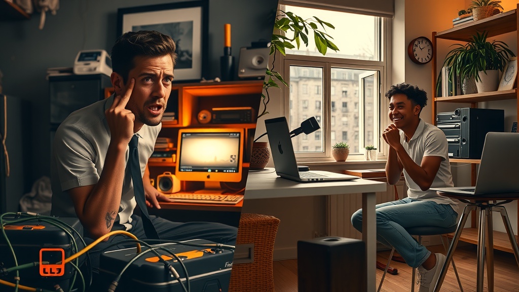 vertical split-screen image high detail cinematic lighting left side a frustrated young professional struggling late at night surrounded by multiple disconnected devices and tangled wires in a cluttered dark room with dirty gray and brown tones harsh side lighting casting deep shadows expression showing exhaustion anxiety and confusion right side the same person transformed calm and joyful sitting in a bright airy modern workspace bathed in warm golden natural light surrounded by neat organized equipment and greenery smiling confidently interacting with a sleek laptop displaying Make.com API integration interface peaceful atmosphere freedom and inspiration visible clear boundary between chaotic darkness and serene light no text or symbols realistic emotion vivid details