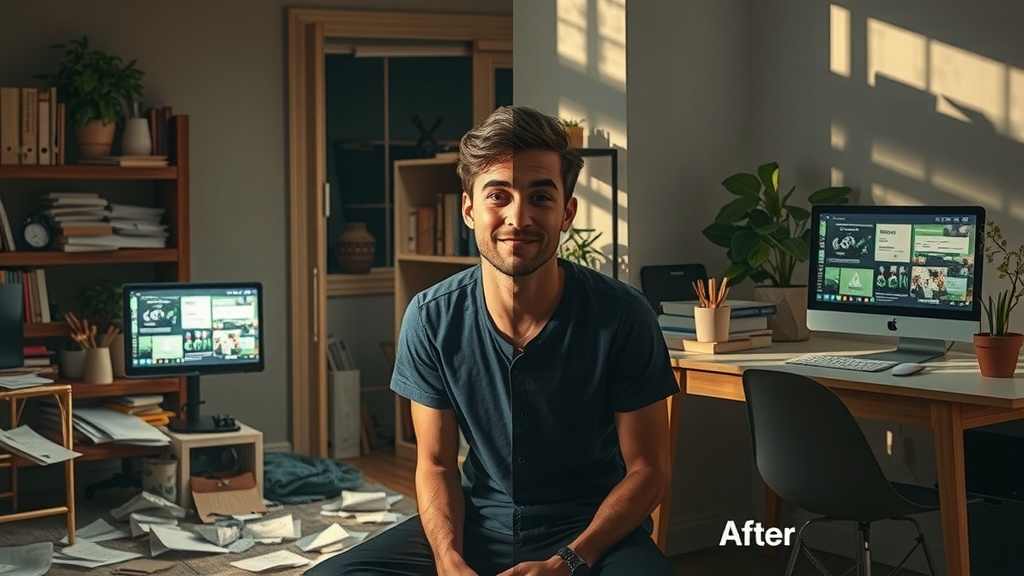highly detailed vertical split screen image showing a deeply transformative before and after scene left side features a young entrepreneur overwhelmed and exhausted late at night in a cluttered home office filled with scattered papers multiple glowing screens displaying chaotic notifications and a complex no-code platform interface the lighting is harsh and dim casting deep shadows emphasizing frustration and burnout the person’s posture is slouched face shows stress and despair colors are muted grays blues and browns with low saturation right side shows the same entrepreneur relaxed and joyful during a sunny weekend morning sitting at a tidy minimalist desk in a bright room surrounded by natural elements like plants and soft pastel decor the screens show an organized easy to navigate Make.com no-code platform building a seamless MVP the lighting is warm soft natural sunlight highlighting a calm confident expression peaceful body language and a sense of accomplishment the colors are warm golds soft greens and gentle pastels visually separated by a dramatic contrast of light and shadow with a sharp clear dividing line symbolizing the journey from chaos to clarity the same character remains central in identical pose but transformed emotionally and environmentally no text or symbols present in the image