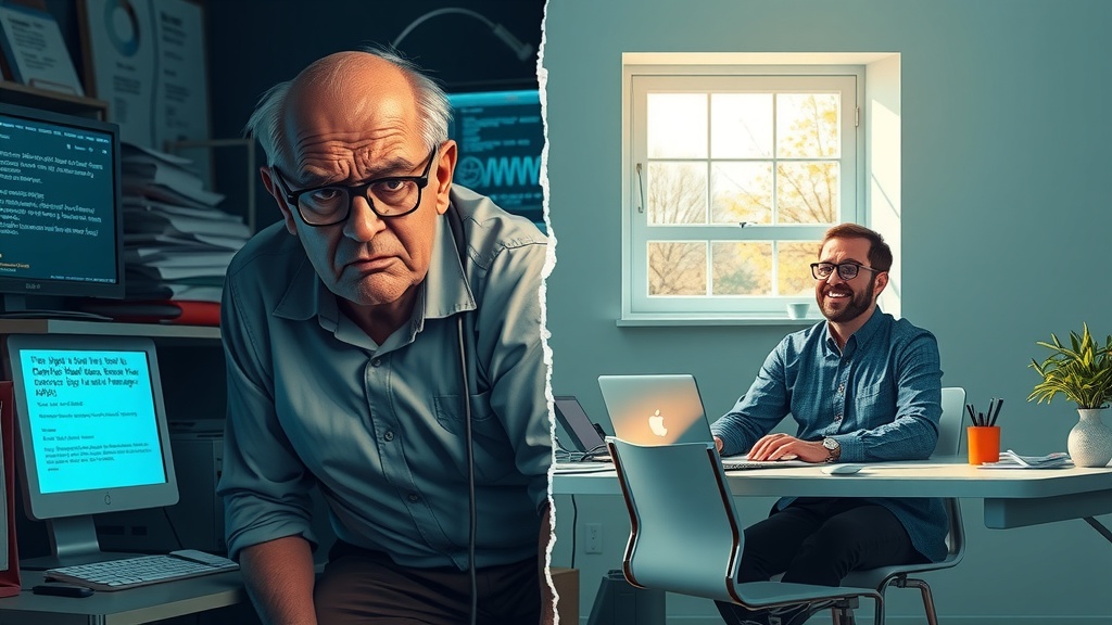 highly detailed vertical split-screen illustration perfect for before and after transformation narrative intense visual contrast left side depicts a frustrated middle-aged professional overwhelmed by frustrating limits on Make.com in a dimly lit cluttered office with multiple screens glowing cold blue displaying error messages and API failures their face showing exhaustion anger and helplessness with slouched posture chaotic papers and tangled cables surrounding them shadows sharp and low saturation muted grays browns and blues evoke stress loneliness and digital overload right side shows the same professional now calm confident and illuminated by warm natural light in a bright minimalist workspace seamlessly managing operations and traffic via API their expression relaxed smiling eyes bright sitting upright at a clean desk with open laptop showing smooth workflows lively green pastel tones underscore ease and empowerment a cozy window view of nature adds tranquility visual separation is a sharp vertical crack filled with contrasting light and shadow dividing the two worlds no text no symbols emphasize detailed facial expressions contrasting body language environmental storytelling vibrant lighting and precise color grading capturing the emotional journey from frustration to effective mastery