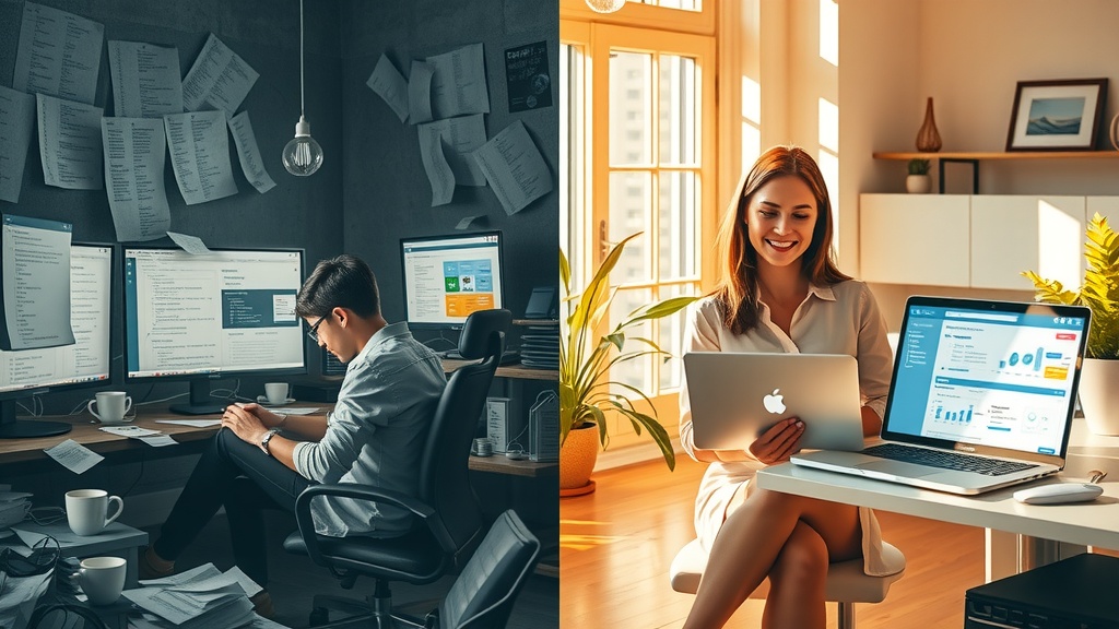 Highly detailed vertical split-screen image showing profound transformation of a marketer overwhelmed by data parsing tasks on the left side and empowered by Make.com automation on the right side Left side depicts a stressed female marketer sitting slouched in front of multiple screens cluttered with complex web pages full of data tables and code snippets in a dimly lit room with cold dirty gray blue and black tones harsh side lighting casting deep shadows her face shows exhaustion frustration anxiety surrounded by chaotic piles of papers coffee cups and tangled cables evoking a sense of burnout and helplessness Right side shows the same woman relaxed confident and inspired sitting upright in bright airy workspace bathed in soft warm natural sunlight with golden pastel hues a sleek laptop displaying a simple intuitive Make.com dashboard with visual automation flows she smiles gently while analyzing clear organized charts enjoying harmonious quiet peaceful environment with green plants and soft textures the scene radiates freedom lightness and joyful control sharp vivid vertical boundary divides the two contrasting worlds with distinct color contrast and lighting difference no texts or symbols present realistic style focus on facial expressions posture details and environment elements no text in image
