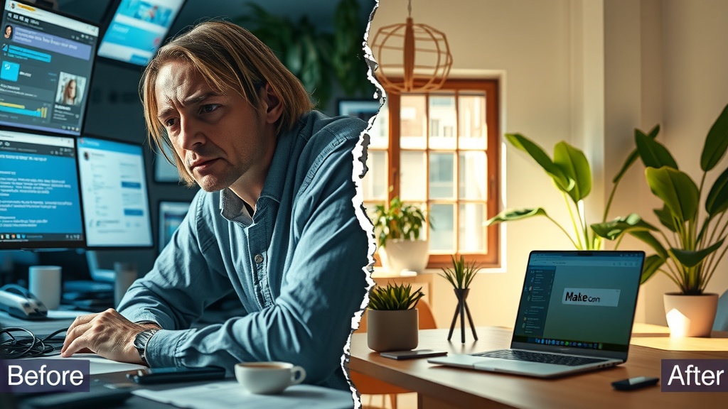highly detailed vertical split-screen image showing before and after transformation left side depicting a stressed business professional overwhelmed by chaotic digital notifications with multiple screens glowing in cold blue and gray tones cluttered desk with tangled cables spilled coffee crumpled notes and an expression of frustration and exhaustion harsh side lighting casting deep shadows conveying anxiety and burnout right side showing the same professional now calm and focused bathed in warm natural sunlight sitting in a bright modern office with clean organized workspace and a laptop displaying Make.com interface a serene smile on their face surrounded by green plants soft pastel colors and a sense of order and clarity a clear visual divide like a crack in the image separating the dark pressured left world from the light harmonious right world emphasizing relief freedom and optimized workflow no text no symbols no digits