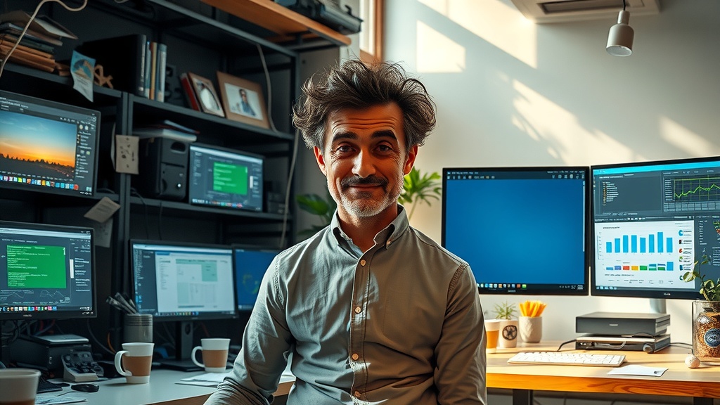 Highly detailed vertical split-screen image depicting deep transformation Left side a stressed IT professional surrounded by chaotic office setup with multiple screens showing complex 1C Enterprise software interfaces and overwhelming notifications dim harsh side lighting low saturation dirty grays browns blues and blacks facial expression showing exhaustion frustration and anxiety cluttered messy desk tangled cables notes and empty coffee cups conveying overload and isolation Right side the same professional now calm and confident in a bright airy modern workspace soft natural golden light warm pastel greens and yellows gentle shadows smiling relaxed posture interacting seamlessly with a sleek make.com API dashboard on a large screen surrounded by harmonious elements like plants organized desk family photo symbolizing balance and success A clear visual divide runs vertically down the middle representing the boundary between stress and ease highlighting contrast in lighting color mood and environment no text symbols or numbers present