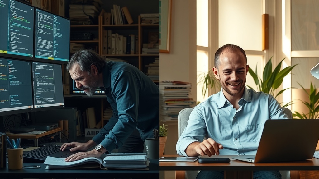 Highly detailed vertical split-screen image illustrating deep internal transformation Left side distressed software developer in a cluttered dark home office overwhelmed with multiple screens showing error messages and API logs cold blue and gray tones harsh side lighting expression of frustration and exhaustion scattered papers tangled cables mood of chaos and burnout Right side same developer calm and inspired in bright minimalist workspace bathed in soft natural sunlight warm golden and green pastel colors relaxed posture smiling gently interacting with a laptop displaying a clean Make.com API dashboard with smooth webhook integrations and automated triggers surrounded by potted plants and a tidy environment atmosphere of clarity and control distinct clear dividing line between the two scenes emphasizing contrast character positioned identically in both halves no text no symbols no numbers realistic cinematic style