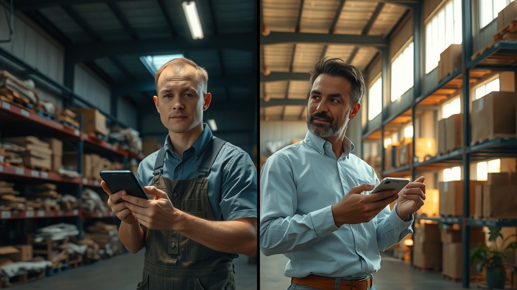 vertical split screen image showing deep inner transformation of ecommerce warehouse worker left side before scene dimly lit cluttered warehouse with dusty shelves and disorganized piles of boxes worker looks stressed exhausted frustrated wearing dirty uniform harsh cold blue and gray tones harsh side lighting casting deep shadows chaotic environment conveying anxiety burnout and overload right side after scene same worker now calm happy and confident in clean bright warehouse with neatly organized shelves and boxes illuminated by soft natural warm sunlight wearing clean smart casual clothes using smartphone and scanning qr codes peaceful expression relaxed posture surrounded by nature visible through large windows vibrant green plants warm golden pastel colors soft diffused lighting atmosphere of order harmony and empowerment clear visible vertical divide between two contrasting worlds same person unchanged position but transformed mood face and environment no text symbols or numbers detailed facial features and body language emotional contrast between despair and relief technical innovation enhancing work life balance