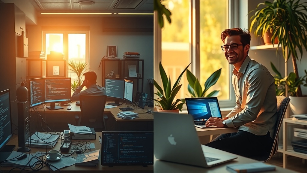 vertical split-screen image showing deep transformation left side a stressed young professional struggling at a cluttered desk with multiple screens glowing cold blue and gray light displaying confusing code and error messages the room is messy with tangled cables papers scattered and a frustrated expression marked by exhaustion and anxiety right side the same person now relaxed and smiling in a bright modern workspace bathed in warm golden sunlight surrounded by lush green plants and tidy desk with a laptop showing a clean automation dashboard peaceful and confident their posture open and energized the dividing line a striking contrast of shadow and light symbolizing transition from chaos to clarity no text no symbols no digits highly detailed realistic style cinematic lighting emotions of despair versus hope and accomplishment