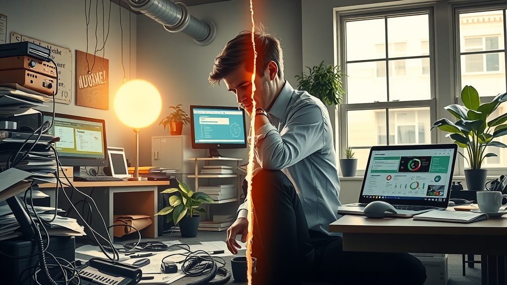 Extremely detailed vertical split-screen image showing a profound internal transformation illustrating the theme of seeking continuous improvement through automation and innovation Left side depicting a stressed mid-30s business professional surrounded by chaotic cluttered office space with piles of paperwork tangled cables ringing phones multiple screens showing overwhelming notifications and error messages in dull desaturated grey brown and blue tones harsh side lighting casting deep shadows expressing despair helplessness anger and exhaustion His slumped posture and furrowed brow convey tension anxiety and burnout The environment is disorderly and chaotic symbolizing overwhelming workload and solitude Right side featuring the same person now calm energized and smiling relaxed posture working effortlessly with sleek modern laptop displaying clear automation dashboards surrounded by warm golden sunlight and soft natural diffuse lighting Soft pastel greens warm yellows and muted blues create a serene inviting atmosphere He is comfortably seated in an orderly bright minimalist workspace blending nature with technology Potted plants sunlight streaming through large windows Open notebook with neat handwritten notes and a cup of tea nearby suggest focus and peace The stark vertical divide between scenes appears as a sharp luminous crack of light emphasizing the transformational boundary between struggle and empowerment The entire composition uses high realism focusing on facial detail expressions body language and environmental storytelling no text symbols or numbers present
