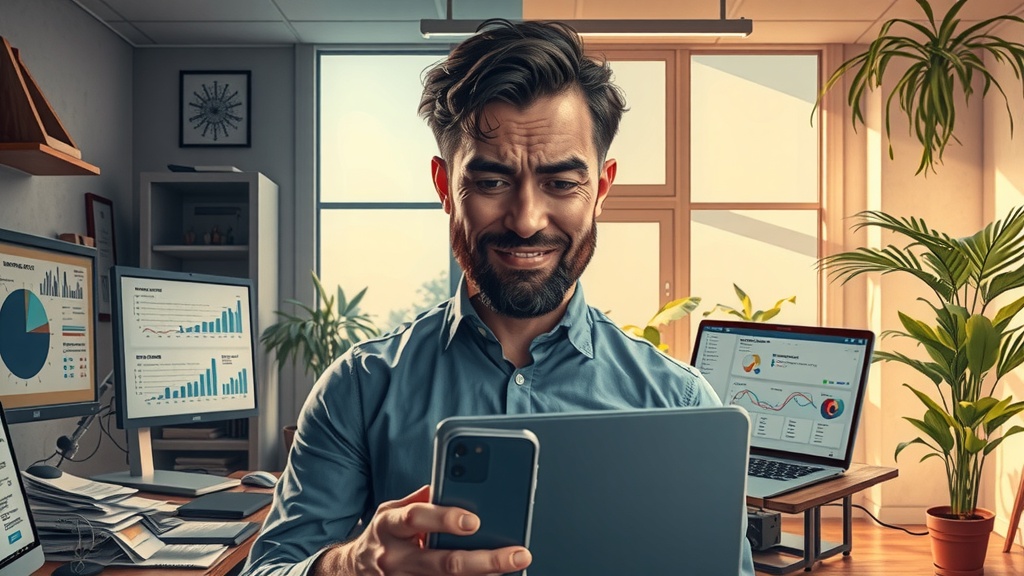 Vertically split-screen highly detailed illustration of a business owner experiencing a profound transformation Left side depicts a stressed mid-30s entrepreneur in a dimly lit cluttered office with dirty gray and brown tones surrounded by chaotic monitors displaying data overload and competitor analysis reports papers scattered on desk face showing frustration exhaustion and anxiety harsh side lighting casting deep shadows emphasizing tension Right side shows the same entrepreneur relaxed and inspired in a bright modern workspace bathed in warm golden natural light surrounded by minimalist decor and lush green plants smiling confidently while reviewing clear organized dashboards on a laptop and smartphone displaying Make.com and ChatGPT interfaces collaborating with a small team in harmony reflecting growth and opportunity the division between sides marked by a sharp contrasting light and color gradient representing a transition from overwhelm to clarity with identical posture but transformed facial expressions and environment no text no symbols no numbers realistic detailed expressions and settings