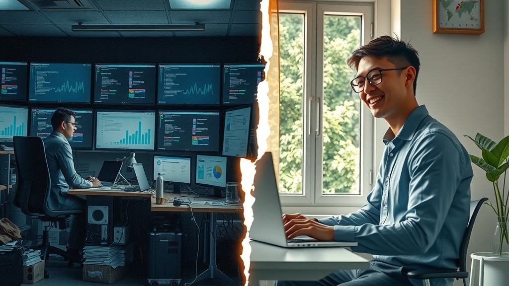 Highly detailed vertical split-screen image representing deep internal transformation in a professional working environment Left side shows a stressed and overwhelmed business professional sitting in a dimly lit cluttered office filled with multiple screens displaying confusing API scopes and automation errors dusty papers and scattered devices cold muted tones of gray brown blue and black harsh side lighting casting sharp shadows the person appears frustrated exhausted and anxious with furrowed brows hunched posture messy hair surrounded by chaotic cables and notifications Right side depicts the same person confident relaxed and joyful in a bright warm sunlit modern workspace with clean minimalistic design open window showing green nature outside warm pastel colors gold green soft diffused daylight illuminating smiling face upright body posture focused calmly interacting with a streamlined automation dashboard on a laptop screen representing optimized API scopes and smooth workflows a cup of coffee nearby and a small plant on the desk symbolize calm and order a clear visual boundary like a crack of light separates the two halves emphasizing contrast between chaos and harmony no text symbols or numbers present realistic style rich facial details expressive emotions and clear distinction of environments