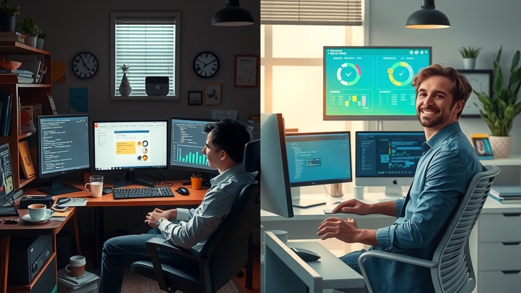 Vertical split-screen highly detailed illustration showing a single business professional before and after transformation Left side stressed and overwhelmed individual sitting in a dimly lit cluttered home office surrounded by multiple screens displaying complex workflows and error messages old coffee cups sticky notes scattered around monitors muted gray brown and blue tones harsh side lighting casting deep shadows expressions of frustration exhaustion and anxiety Right side same person well-groomed and relaxed in bright airy modern workspace bathed in warm natural light smiling confidently at an organized computer screen displaying clean custom variable interfaces and automation dashboards vibrant green gold and pastel colors with plants and neat decor conveying calm and efficiency relaxed posture joyful expression with soft diffused light clear strong vertical divide between chaos and order no text or symbols in image
