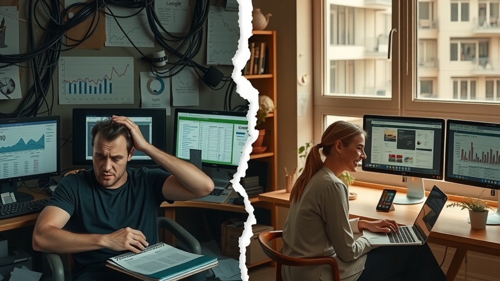 Vertically split-screen image showing deep transformation Left side features a frustrated, overwhelmed marketing specialist in a dimly lit cluttered office with tangled cables and multiple screens displaying chaotic Yandex.Metrica and CRM data in dull gray, brown, and blue hues harsh side lighting casting sharp shadows exhaustion and anxiety on face messy desk papers scattered around Right side shows the same specialist relaxed and joyful bathed in warm natural light sitting in a bright modern workspace with plants and organized tidy desk screens showing automated Google Sheets reports in soft golden, green, and pastel colors smiling with an open laptop a sense of relief freedom and control over data clear visual separation with a distinct crack-like boundary between the two halves no text no symbols no numbers